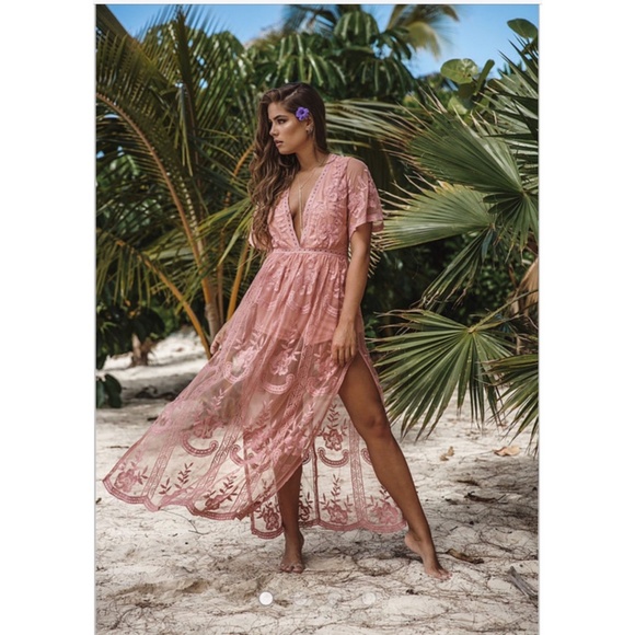 *SOLD* Honey Punch Pink Lace Romper Maxi Dress - Picture 2 of 5